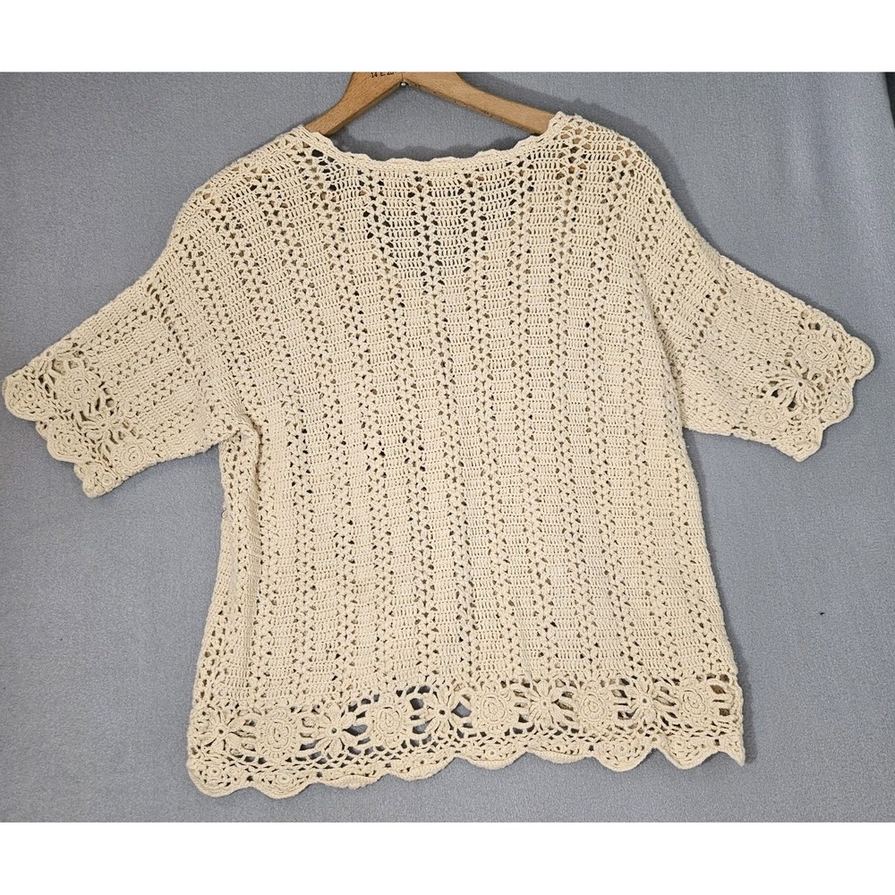 VTG Cream Crochet Cardigan Scalloped Open Knit Grannycore Coquette Cottagecore S - Picture 2 of 7